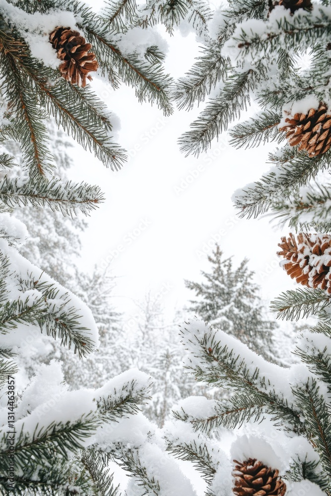 Aufkleber snowy pine branches with cones frame a winter wonderland scene creating a serene and peaceful mood f