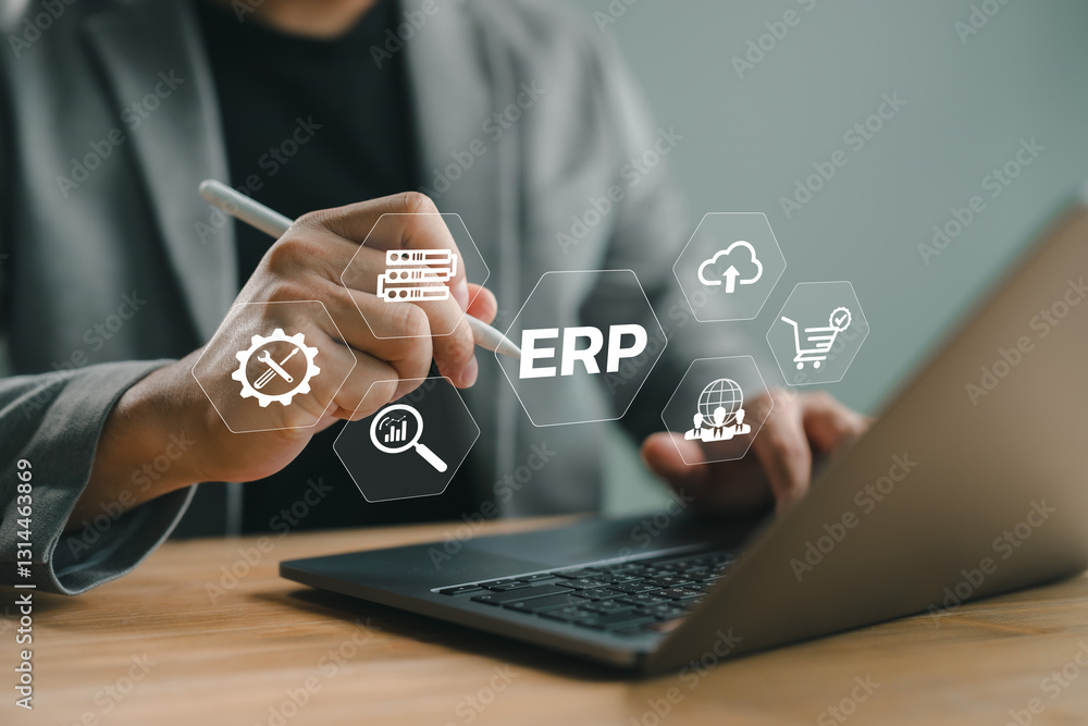 Aufkleber Enterprise Resource Planning system concept. Businessman using laptop with digital interface ERP (Enterprise Resource Planning) icons, business automation, data integration, workflow management.