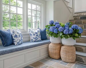 Home entryway with blue hydrangeas and window seat.  Use Interior design, home decor
