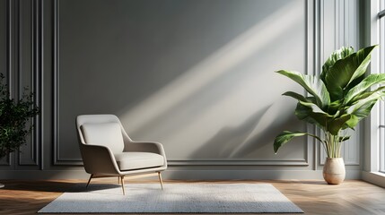 Modern Sophisticated Interior with Plush Chair and Vibrant Green Plant in Bright Sunlit Room