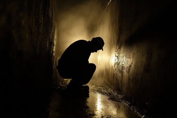 Silhouette of Worker in Dark Tunnel Surrounded by Mist and Shadows
