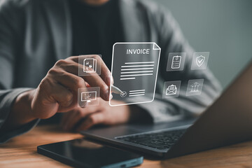 E-Invoice and online digital statements concept. Businessman working with invoice, financial icons,...