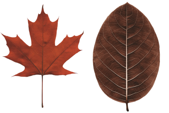 A dry leaf with an oval shape and autumnal tones, complete with visible veins, isolated on a see-through background as a png