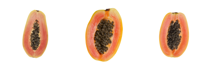 A halved papaya with seeds is shown, revealing the intense orange color of its flesh and the black seeds, all on a transparent background in a png file