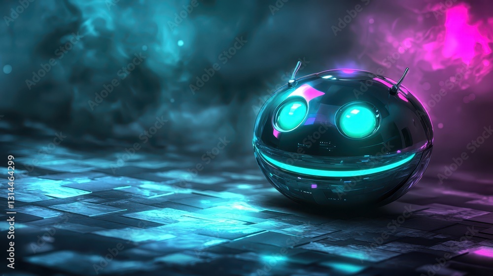 Poster futuristic round robot with neon glow on abstract dark background