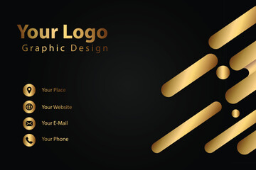 Gold design template, black background, contact info, business card
