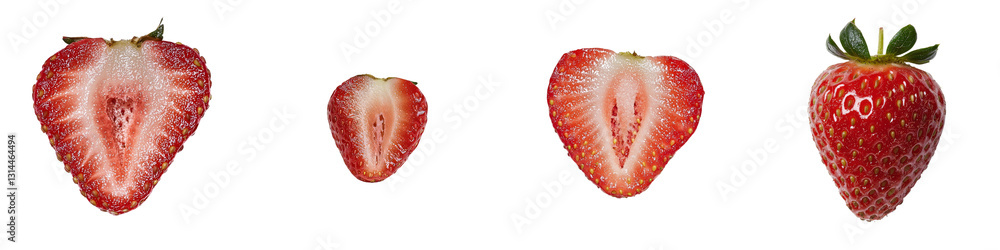 Poster the picture presents a half-sliced strawberry, emphasizing the deep red hue of its flesh and the pre