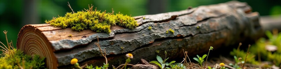 Fototapeta premium Rough-hewn log with bark intact and moss growing, countryside, natural, rustic