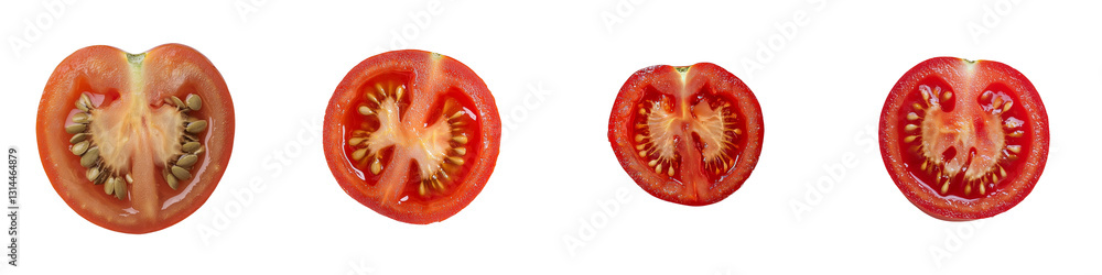 Poster a detailed view of half a tomato is shown, featuring the red flesh and seeds, isolated against a tra