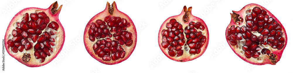 Poster the vibrant red seeds and juicy flesh of a whole and sliced pomegranate are on display, isolated on 