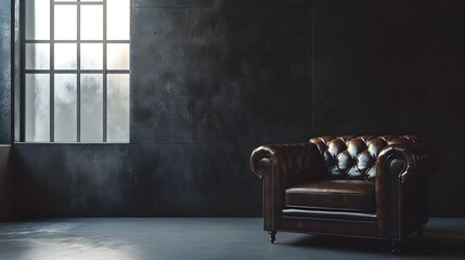 Sleek Loft Interior with Dark Cement Walls and Elegant Leather Couch in Minimalist Design Space