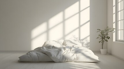 Sleek and Minimalist Bedroom Design Featuring Plush Bedding and Natural Light through Large Windows