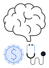 Brain graphic paired with stethoscope and coin indicating money and healthcare. Ideal for mental health, financial planning, wellness, decision-making, healthcare costs, cognitive science, flat
