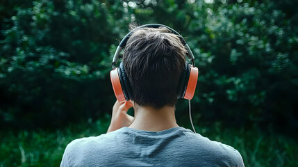 Fototapeta premium Man With Headphones Listening To Music Outdoors In Nature Surrounded By Lush Green Trees