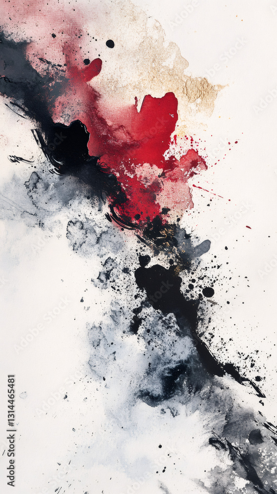 Poster abstract painting blending red, black, gold hues into dynamic geometric forms emerging on textured w