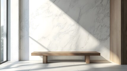 Sleek Minimalist Interior Design with Natural Light and Wooden Bench Against Marble Wall