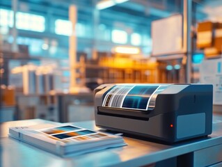 Industrial label printer in a modern factory setting