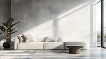 Sleek Minimalist Living Room Interior with Soft Natural Light and Modern Furniture Design Elements