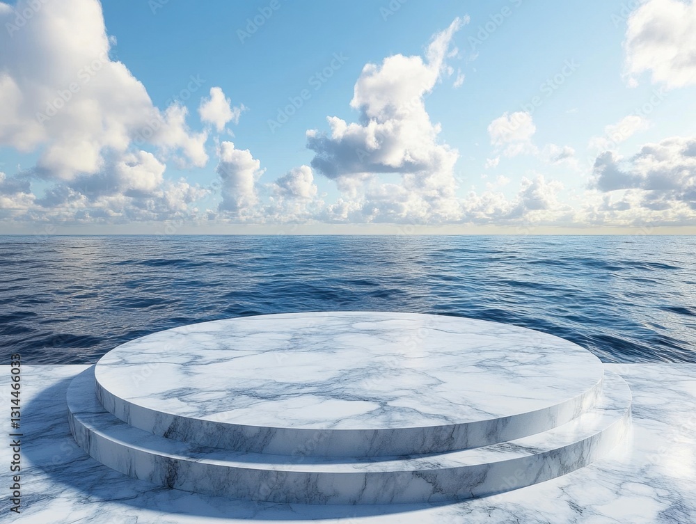 Aufkleber elegant marble podium platform display against serene ocean backdrop under a cloudy sky creating a p