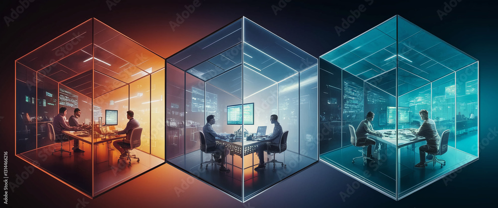 Aufkleber three glass cubicles, each housing a team of programmers working on computers, showcasing collaborat