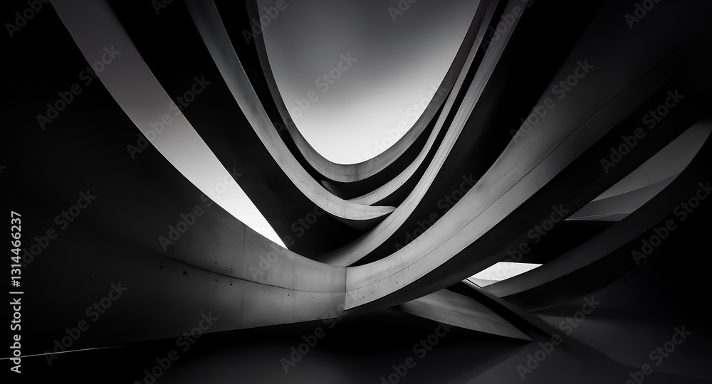 Aufkleber Abstract architectural structure with dynamic curved lines creating a sense of depth and movement.  The interplay of light and shadow enhances the modern, minimalist design.