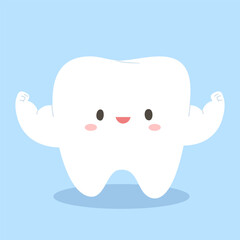 Cute and strong white tooth smiling on light blue background. Healthy tooth cartoon for kids, oral health, dental education, decoration, dentistry. Flat vector illustration.