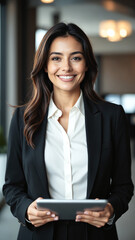 Portrait of young Hispanic professional business woman standing in office. Happy female company executive, smiling businesswoman entrepreneur corporate leader manager looking at camera