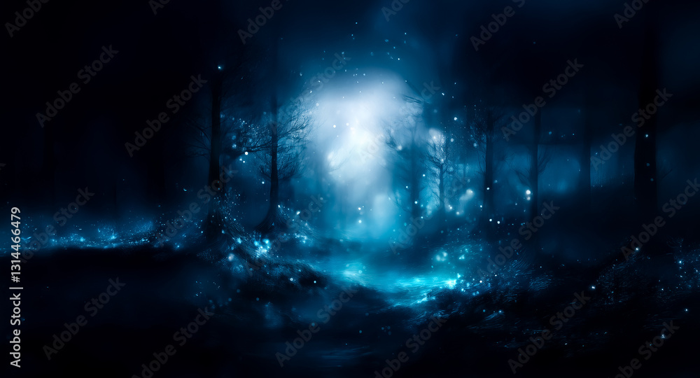 Poster a mystical blue light permeates a shadowy forest, casting an ethereal glow upon silhouetted trees an