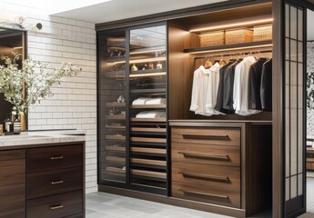 Fototapeta premium Elegant and Modern Walk-in Closet Featuring Wooden Cabinets, Organized Shelves, and Soft Ambient Lighting in a Stylish Bathroom Interior