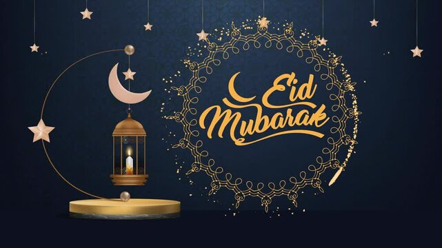 Elegant eid mubarak greeting card with golden arabic calligraphy, crescent moon, and lantern