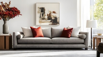 Sleek Minimalist Living Room with Plush Gray Sofa and Elegant Decor Featuring Red Accents