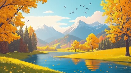 Autumn landscape with mountains, lake, and yellow trees