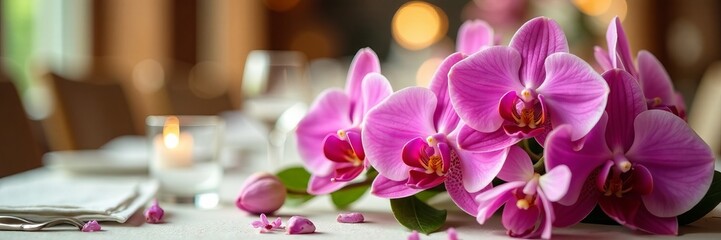 Close-up of orchid flower arrangement on a beautifully decorated wedding table, reception, event