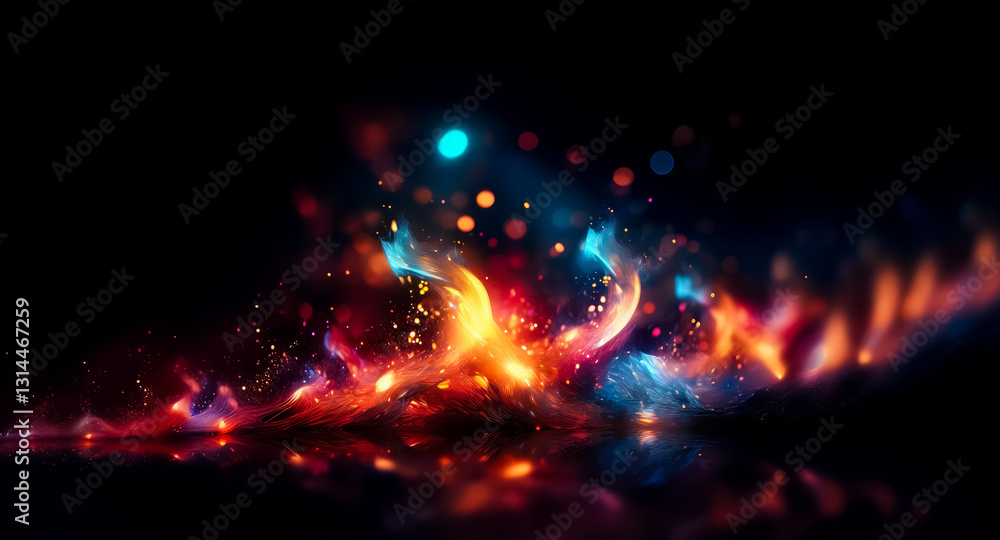 Fototapete abstract light painting with vibrant colors of orange, blue, and red illuminating a dark space. refl
