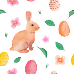 Seamless Easter pattern. Watercolor drawing of a brown rabbit, Easter eggs, polka dot egg, spring flowers, first leaves.