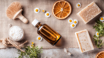 Natural skincare products arranged on textured surface with flowers