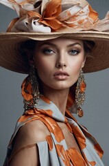 close-up of a model wearing an exquisite vintage-inspired outfit with a large, intricately designed hat and a high-collared blouse embellished. The ensemble showcasing a luxurious and sophisticated st