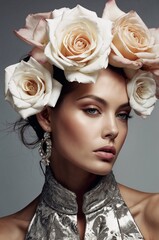 close-up of a model wearing an exquisite vintage-inspired outfit with a large, intricately designed hat and a high-collared blouse embellished. The ensemble showcasing a luxurious and sophisticated st