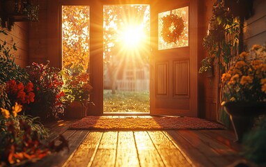 Autumn sunlight streams through open front door