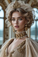 close-up of a model wearing an exquisite vintage-inspired outfit with a large, intricately designed hat and a high-collared blouse embellished. The ensemble showcasing a luxurious and sophisticated st