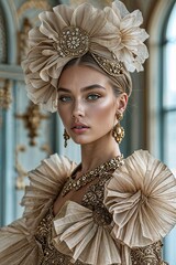 close-up of a model wearing an exquisite vintage-inspired outfit with a large, intricately designed hat and a high-collared blouse embellished. The ensemble showcasing a luxurious and sophisticated st