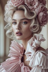 close-up of a model wearing an exquisite vintage-inspired outfit with a large, intricately designed hat and a high-collared blouse embellished. The ensemble showcasing a luxurious and sophisticated st