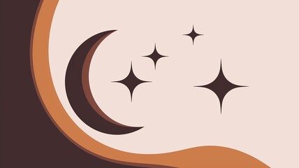 Celestial illustration with a sharp crescent moon and black silhouette stars against a warm backdrop. Serene, minimalist, and otherworldly for cosmic or graphic themes or ramadan