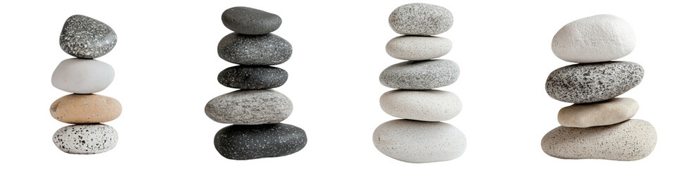 A decorative and meditative arrangement of mixed colored smooth stones, stacked and balanced, isolated on a transparent background as a png