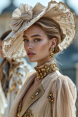 close-up of a model wearing an exquisite vintage-inspired outfit with a large, intricately designed hat and a high-collared blouse embellished. The ensemble showcasing a luxurious and sophisticated st