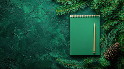 Green notebook and pine branches on a white surface representing independent work style with details