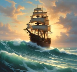 Fototapeta premium Illustration of medieval ship in ocean.