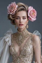 close-up of a model wearing an exquisite vintage-inspired outfit with a large, intricately designed hat and a high-collared blouse embellished. The ensemble showcasing a luxurious and sophisticated st