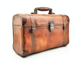 Vintage leather suitcase on white backdrop evoking travel adventure and timeless style for stock photography