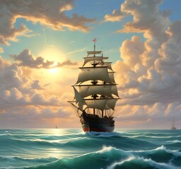 Illustration of medieval ship in ocean.